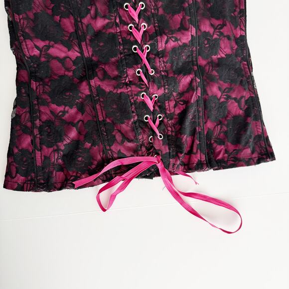 [Tripp NYC] Black Pink Y2K Floral Print Lace Hook & Eye Corset Top Size Large L - Picture 8 of 12